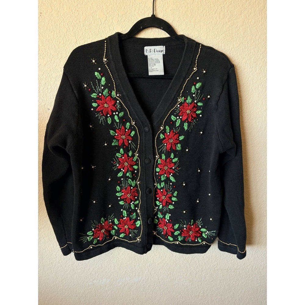 Vintage Christmas BP Designs L Black Poinsettia Holiday Cardigan Sweater beaded - Picture 2 of 5